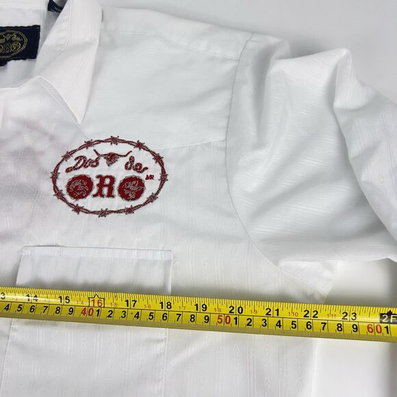 Dos De Oro Rodeo Shirt Sz M Pearl Snap Clean White Red Embroidery Front Back - Picture 5 of 12